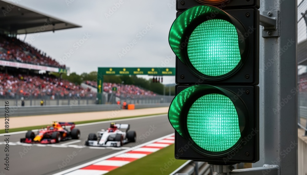 Naklejka premium Green Light for Speed: A pair of Formula 1 race cars tear down the track, the green lights signaling the beginning of an adrenaline-fueled competition, with spectators looking on from the stands. 