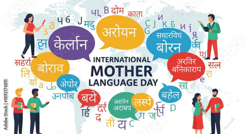 International mother language day celebration with diverse people and multilingual speech bubbles