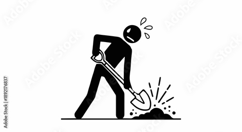Man digging with shovel exhausted sweat drops.