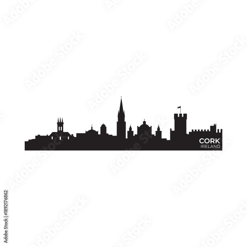 Black silhouette of cork city skyline with text reading cork ireland