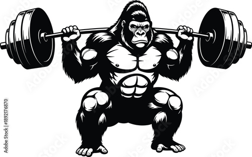 Strong gorilla weightlifting illustration, powerful primate lifting barbell, black and white fitness artwork, strength training concept, gym motivation animal graphic