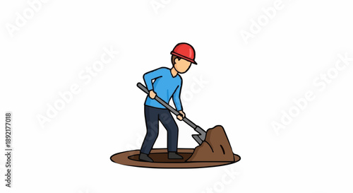 Man Digging Hole With Shovel Cartoon Illustration.