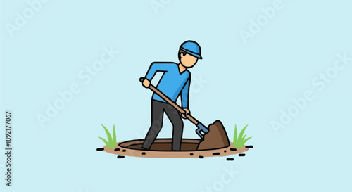 Man Digging Hole With Shovel Cartoon.