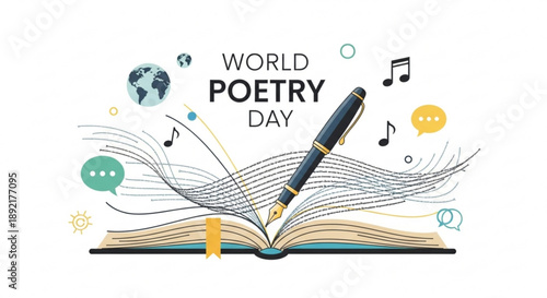 World poetry day celebration with pen on open book and creative symbols