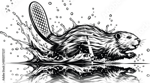 Swimming beaver illustration in black and white, dynamic wildlife line art with water splash, detailed vector nature artwork for posters, prints, branding