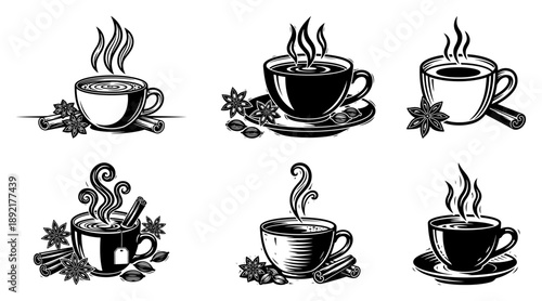 Set of steaming coffee cups with spices in vintage line art
