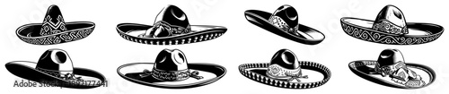 Set of traditional sombrero hats in monochrome engraving style