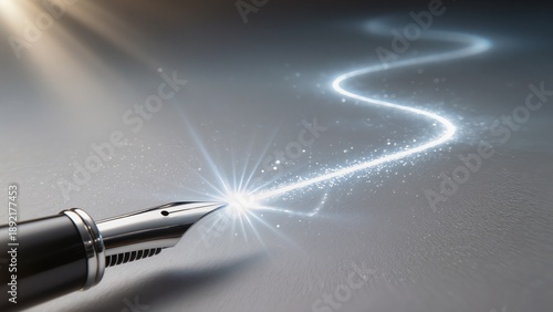 elegant fountain pen drawing light beam path, fantasy writing effect, close-up surreal lighting