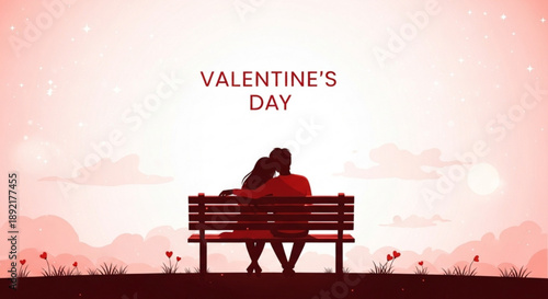 Romantic couple sitting on bench valentine's day pink sunset landscape with flowers