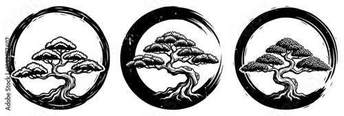 Brush stroke bonsai tree logo emblems set