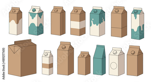 Diverse collection of eco friendly cardboard cartons for milk and juice products in various sizes and designs.
