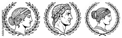 Classical profile portraits with laurel wreaths