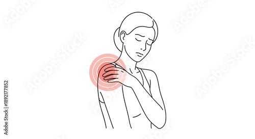 Illustration of a young woman suffering from shoulder pain with a red circular indicator highlighting the sore area.