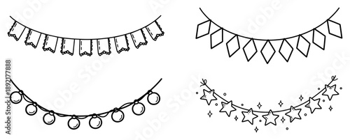 Hand drawn decorative bunting garlands with flags stars and circles for festive celebration graphics