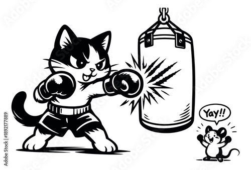 Cartoon line art illustration of a cat boxer depicting punching a heavy bag with a cheering mouse for sports training