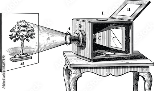 Vintage camera obscura illustration, optical projection device, black and white engraving, early photography 