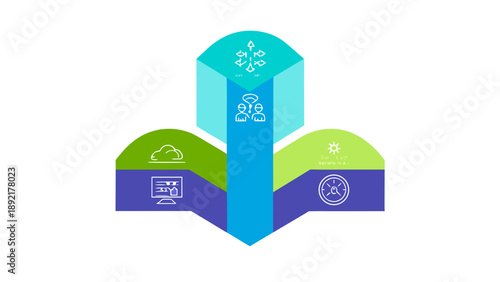Flat vector semicircle infographic with icons for business and technology concepts showing data exchange and communication with illustration