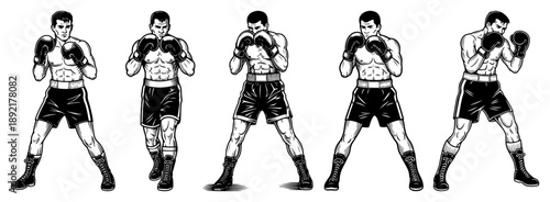 Boxer fighting stance set. Black and white vector illustration of a male fighter in different poses