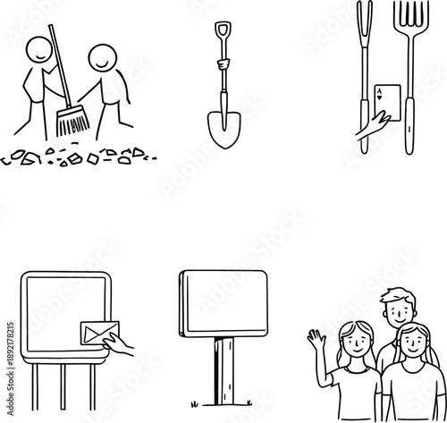 A group of people engaging in various activities with tools and signs silhouette