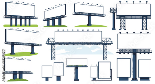 Comprehensive set of blank billboards and outdoor advertising structures in various sizes and mounting configurations.