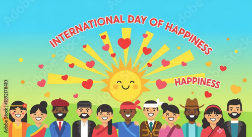 Diverse group celebrating international day of happiness with smiling faces and hearts