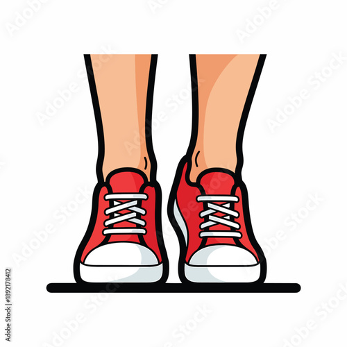 A person's legs wearing red sneakers