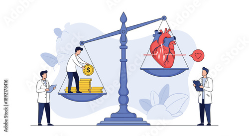 Healthcare concept illustration showing the balance between medical costs and life with doctors weighing a heart and money.