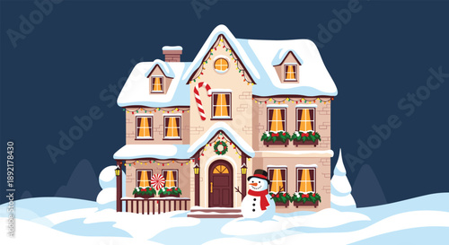 Charming winter house fully decorated for the Christmas holidays with lights, wreaths, and a friendly snowman outside.