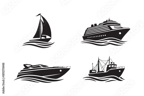 Nautical vessels silhouette icon set