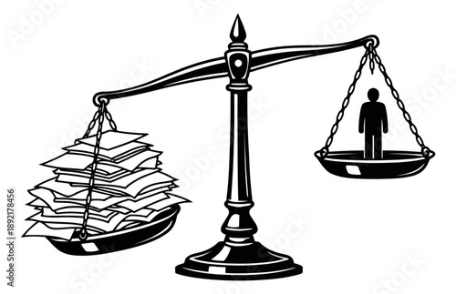 Line art illustration of a balance scale depicting the heavy burden of paperwork over an individual for business and legal concepts
