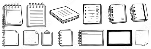 Hand drawn doodle set of office stationery notebooks and paper notes for planning