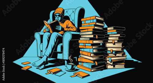 Person Reading Book Surrounded by Piles of Books.