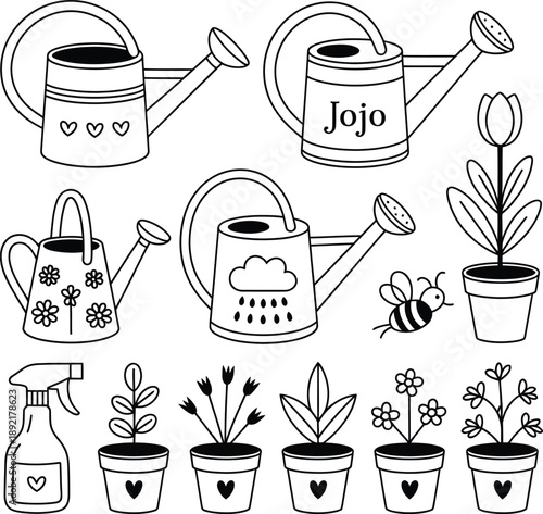 A black and white illustration of various watering cans and potted plants with a bee flying nearby silhouette
