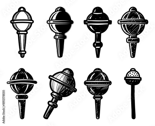 Hand drawn maraca icon set in bold vintage engraving style