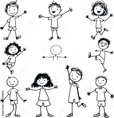 A group of happy children in various playful poses with one stick figure silhouette
