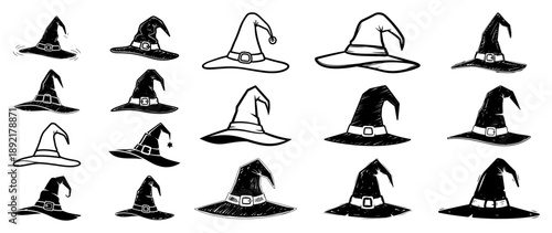 Hand drawn witch hat collection in black and white sketch style