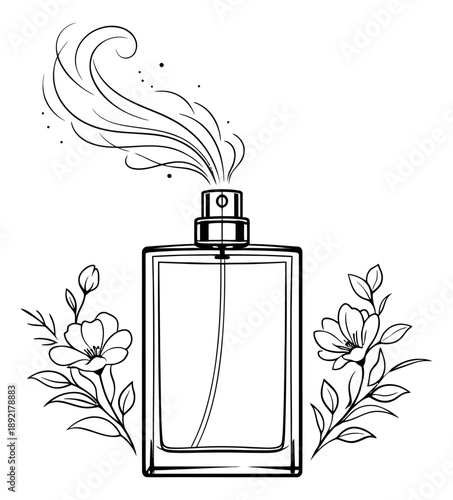 Hand drawn line art illustration of a perfume bottle depicting a fragrant spray with flowers for beauty product branding