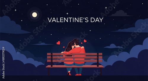 Loving couple hugging on bench under starry night sky with moon and clouds on valentine's day