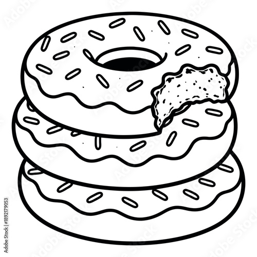 Hand drawn line art illustration of a stack of three donuts depicting a bitten donut on top with sprinkles for sweet treats and confectionery designs