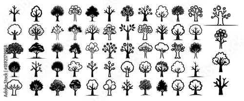Large collection of hand drawn tree icons and nature silhouettes in various artistic styles