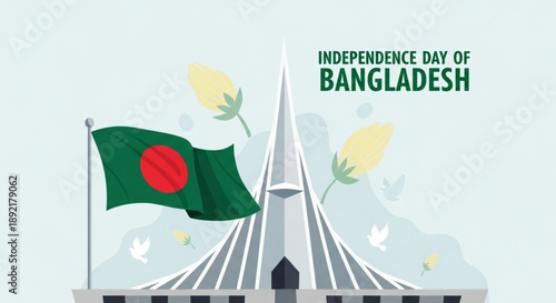 Independence day of bangladesh celebration with national flag and monument