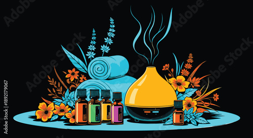 Aromatic essential oils diffuser with herbs and flowers.