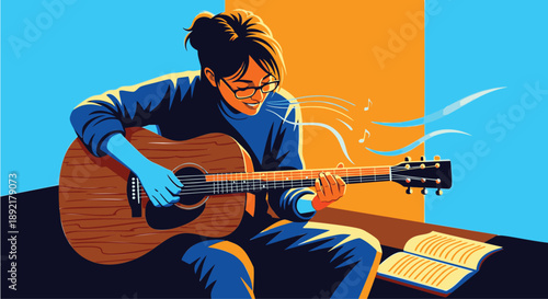 Person Playing Acoustic Guitar in Cozy Room.