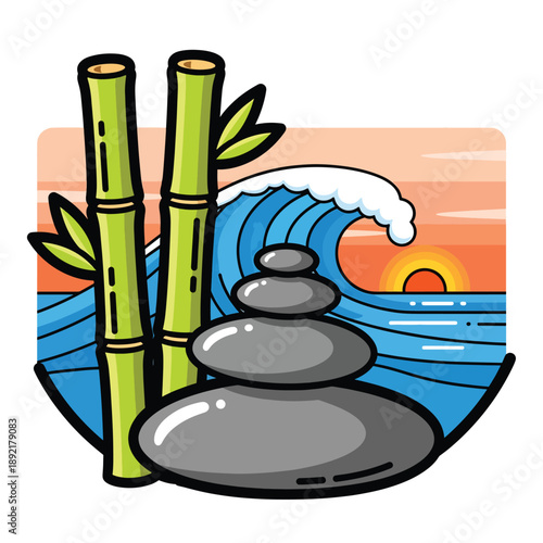 Canvas Print Cartoonish peaceful scene of stacked stones and bamboo
