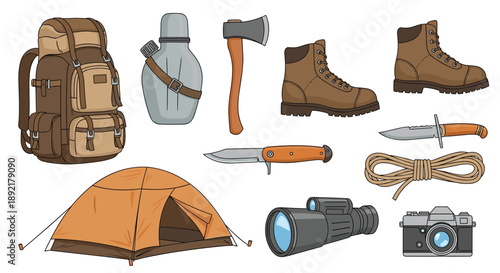 Essential camping and survival gear kit including a brown backpack, orange tent, hiking boots, and binoculars.