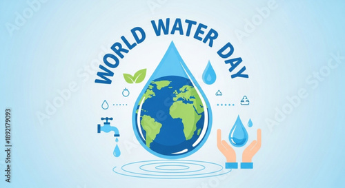 World water day poster with globe in water droplet and hands holding water on blue background