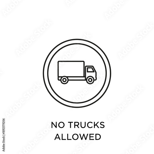 A simple black and white line icon clearly depicts a 'No Trucks Allowed' sign, effectively communicating important vehicle restrictions and traffic prohibitions.