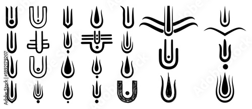 Collection of minimalist black and white tilak symbols and religious hindu forehead marks