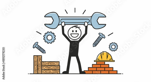 Man Holding Wrench Above Head With Tools And Building Materials.