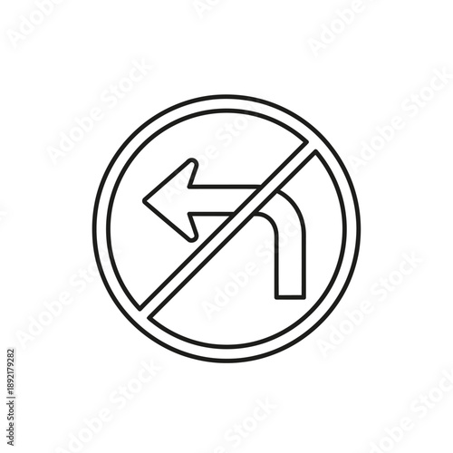 A clear black and white line art illustration depicts a circular traffic sign indicating that left turns are prohibited, conveying essential road safety information.